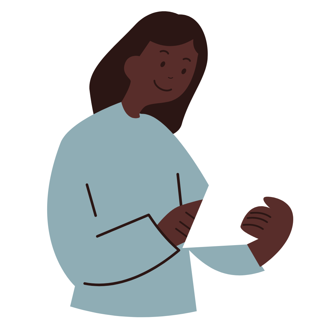 Woman with blue shirt holding a piece of paper